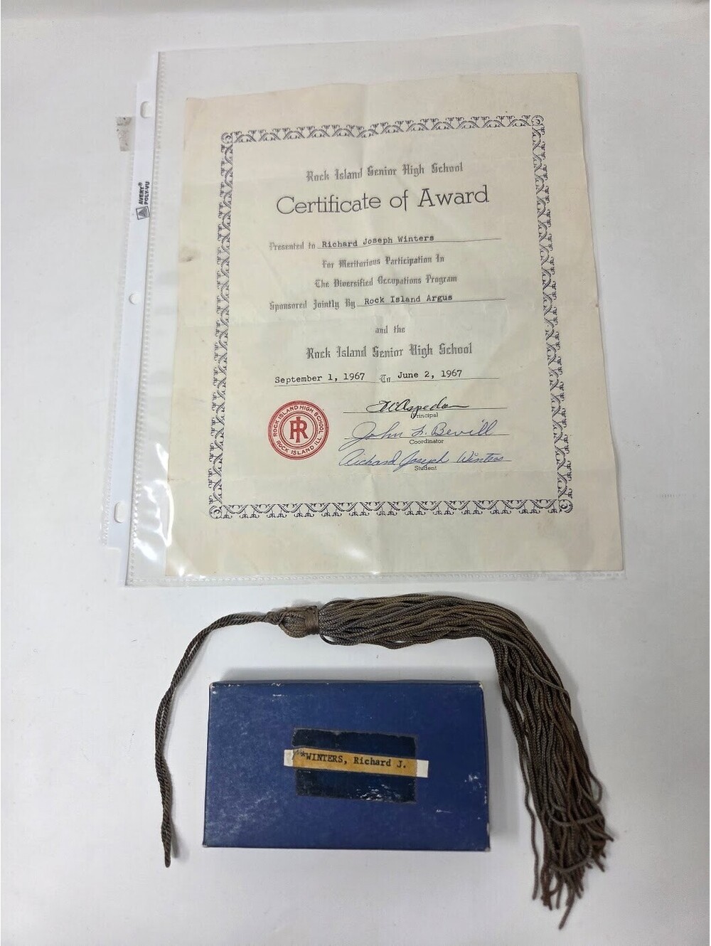 1967 Rock Island High School Merit Award Medal Certificate Tassel Set Box